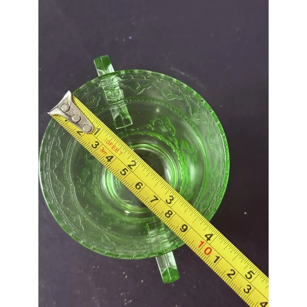 Vintage Green Vaseline Uranium Glass Depression Glass Sugar Bowl Cubist Pattern
